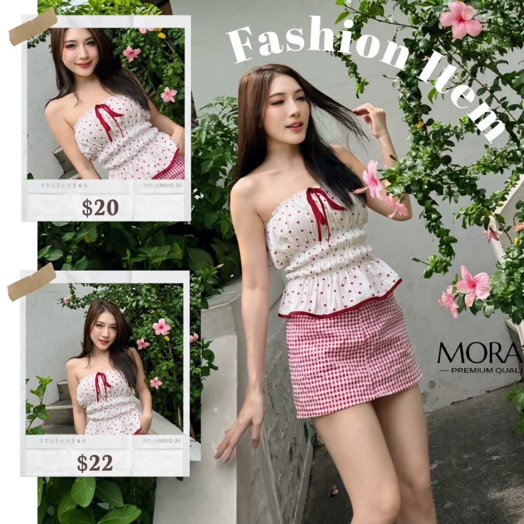 เสื้อเกาะอกผ้าคอตตอนผสมลินิน ลายหัวใจผูกโบว์แดงสุดคิ้ววว น่ารักมากเวอร์ สม็อเป็นชั้นๆ เกร๋ไปอีก