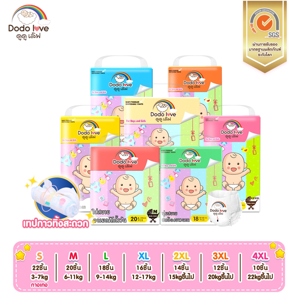 Babykids แพ็คเดี่ยวห่อเล็ก Size S- 4XL DODOLOVE Standard Soft กางเกงผ้าอ้อม  นุ่ม บางเบา ใส่สบาย ผ้าอ้อม