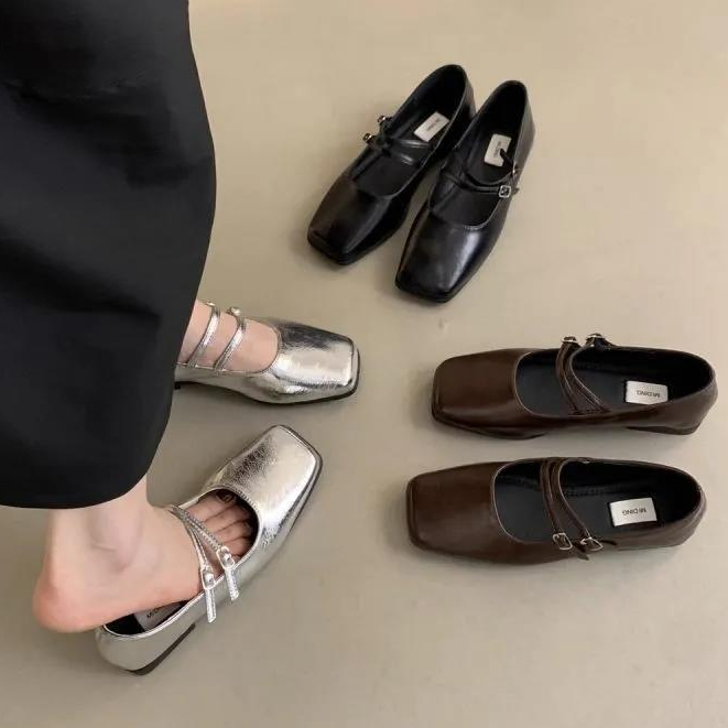 รองเท้าแมรี่เจนลำลอง รองเท้าหนังส้นแบนของผู้หญิง หัวสี่เหลี่ยม เบาสบาย มี 3 สีให้เลือก