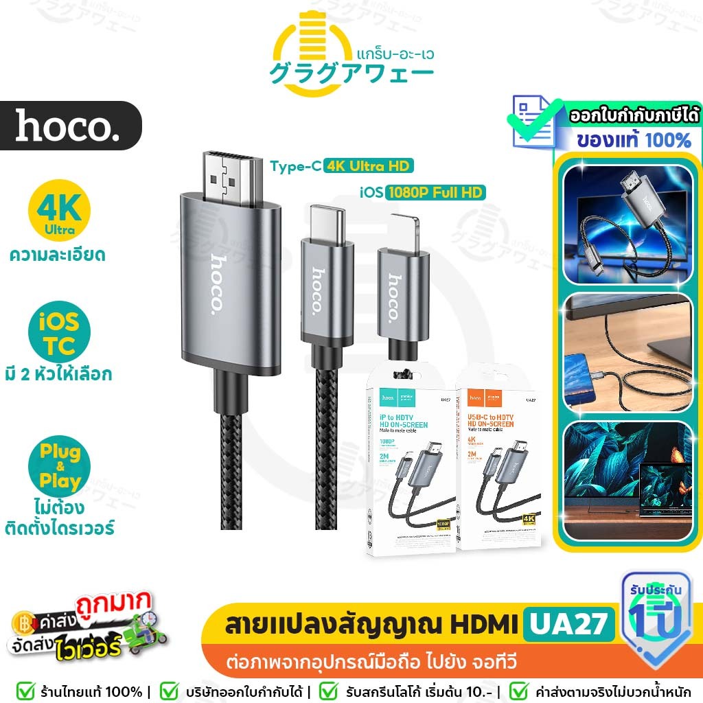 Hoco UA27 สายแปลงสัญญาณ iOS L to HDMI , 1080P Full HD / Type-C to HDMI , 4K Ultra HD ยาว 2 เมตร HDTV ต่อภาพขึ้นจอ hc5