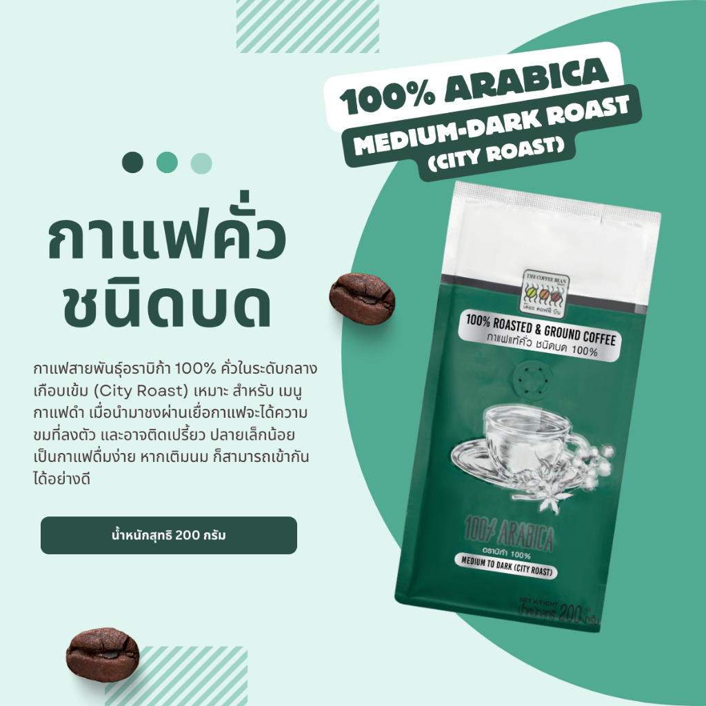The Coffee Bean กาแฟคั่วบด อราบิก้า 100% (คั่วกลางเกือบเข้ม) 200 กรัม 1 ซอง