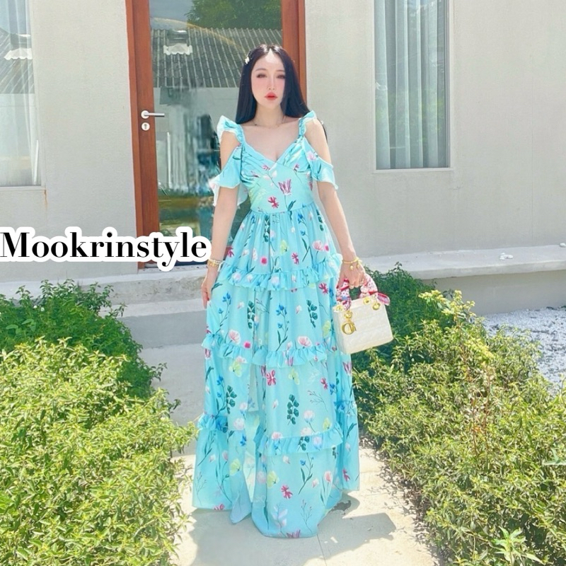 Mookrinstyle • Aumdress | พร้อมส่งเดรสสไตล์แม่อั้ม สีเขียวลายดอกไม้ งานสวยละมุน ไหล่เปิด ไปทะเล