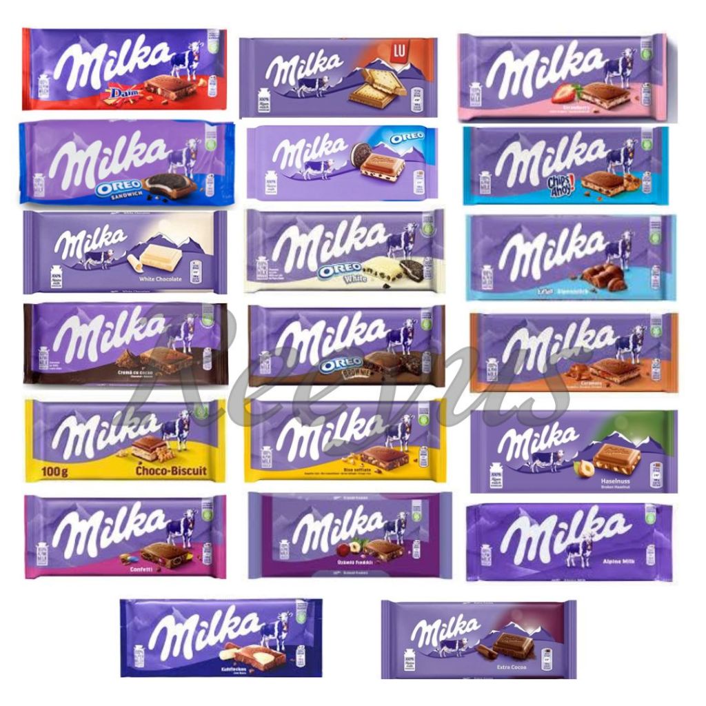 Milka Milk Chocolate มีส่วนผสมของนมAlpen 100% น้ำหนัก 100 กรัม มี 10 กว่ารส