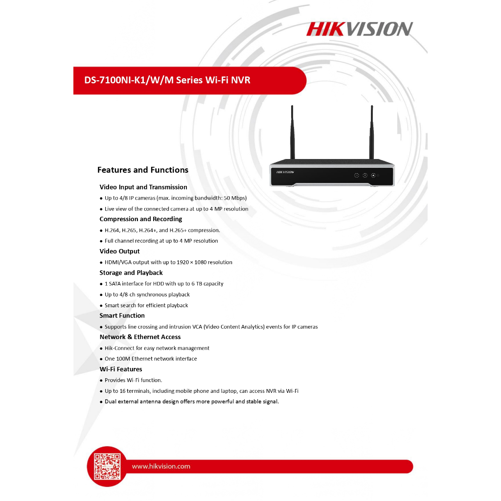 HIKVISION ชุดกล้องวงจรปิด IP Wi-Fi kit 2MP รุ่น NK42W08H(E) : DS-7108NI-K1/W/M + DS-2CV1021G1-IDW