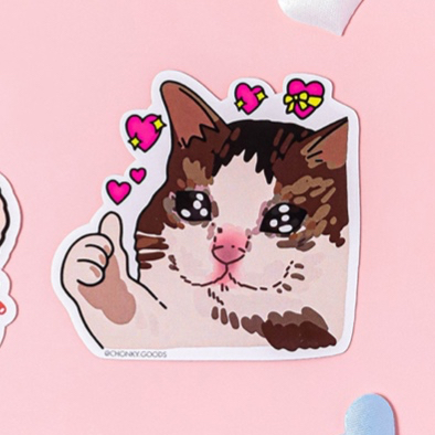 สติ๊กเกอร์ไดคัท กันน้ำ Thumbs Up Sad Cat Meme Sticker มีมแมว | Funny waterproof cat meme stickers, t