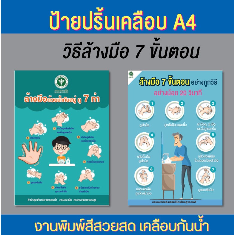 ป้ายวิธีล้างมือ วิธีล้างมือ ที่ถูกต้อง 7 ขั้นตอน ขนาด A4 พร้อมปริ้นเคลือบแข็งกันน้ำ  พิมพ์สวยสด /ออก