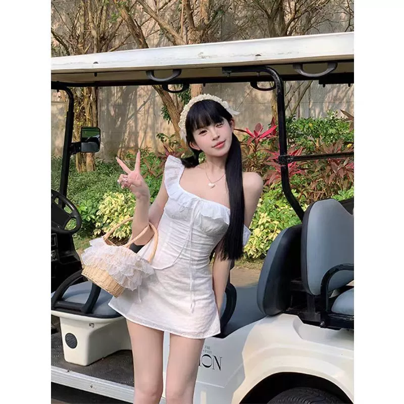 🌙เดรส,🌙แขนลูกไม้/คอยู/ชุดกระโปรงทรงเอผู้หญิงฤดูร้อน
