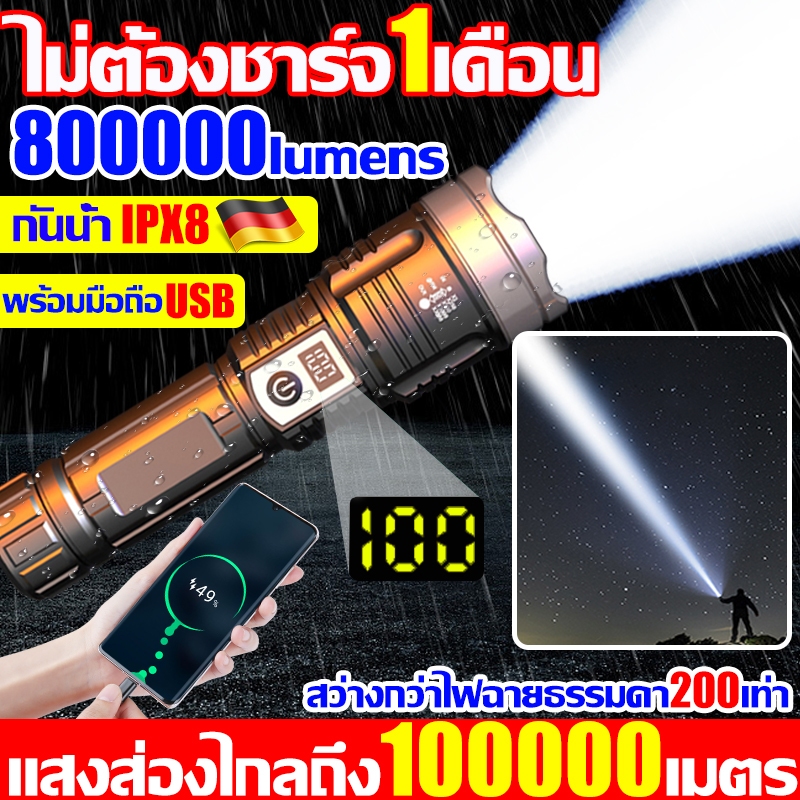 รับประกันคุณภาพ10ปี ไฟฉายแรงสูง แท้ ​led ไฟฉายแบตอึด180H ไฟฉายพกพา แสงส่องไกลถึง100000เมตร USB ชาร์จได้ ยกันน้ำ เดินป่า