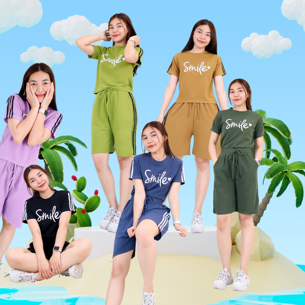 5302# ชุดเซ็ท ผู้หญิง เสื้อคอกลม แขนสั้น สกรีนลาย กางเกงขาสั้น แต่งแถบข้าง ผ้าอัดเม็ดงา ทรงสปอร์ต