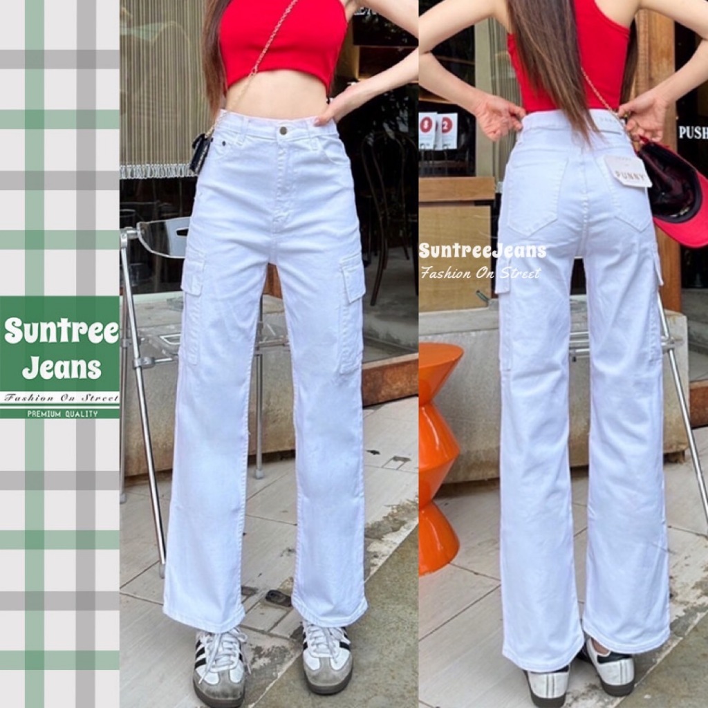 SuntreeJeans ยีนส์ ผญ ทรงกระบอก กระเป๋าคาโก้ ผ้ายืด เอวสูง  [S-5XL] สีขาว