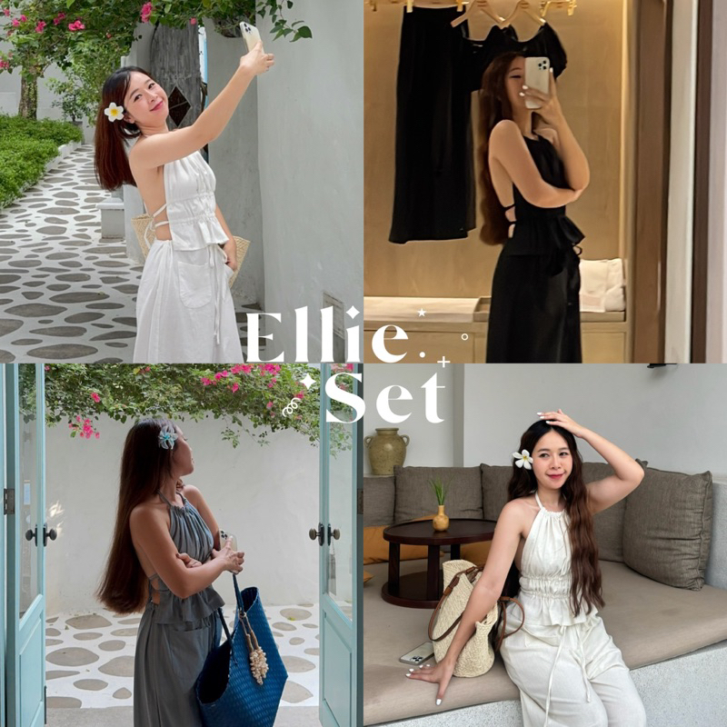 Ellie set ชุดเซ็ตผ้าฝ้ายมินิมอลเสื้อโชว์หลัง+กางเกงขายาว ชุดเซ็ตไปทะเล ขึ้นภูเขา ไปคาเฟ่