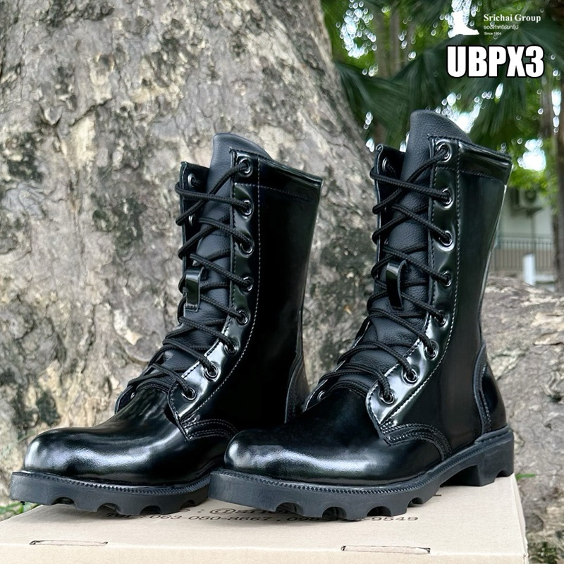 Combat Boots / คอมแบทรุ่น UBPX3 หนังขัดมันพรีเมี่ยม พื้นยาง พร้อมติดเหล็กชิดเท้ามนรีดำ by Srichaigroup
