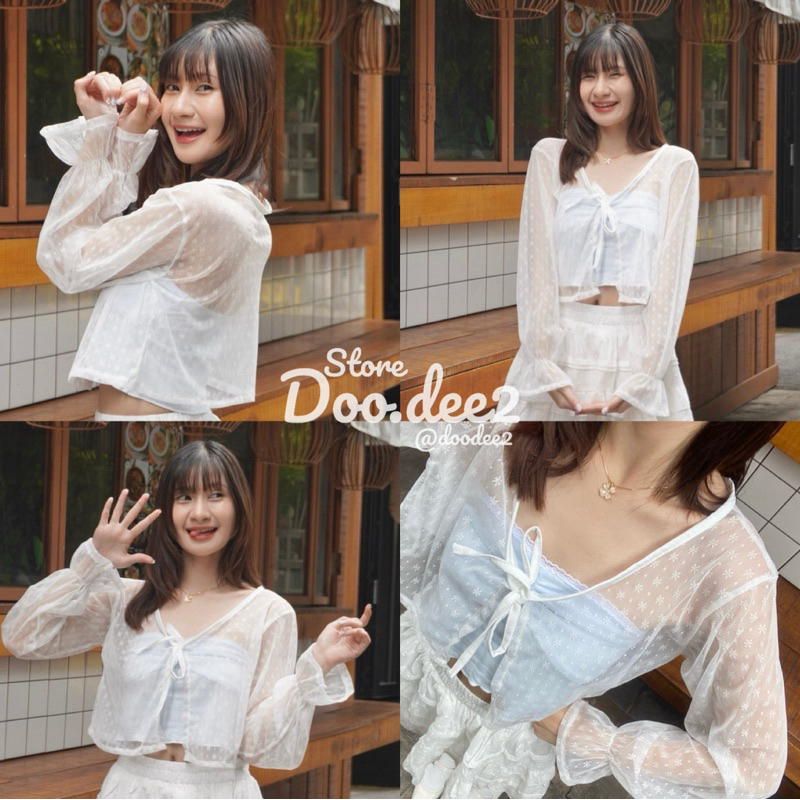 DOODEE2 เสื้อคลุมทรงครอป ผ้าตาข่าย ผูกโบว์หน้า
