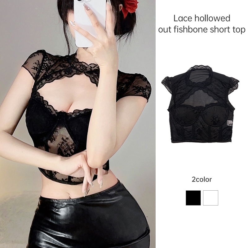 เสื้อคอกลมลูกไม้ Bottoming ก้างปลากลวงออกด้านบนพอดีตัว สะดือสั้นด้านบน