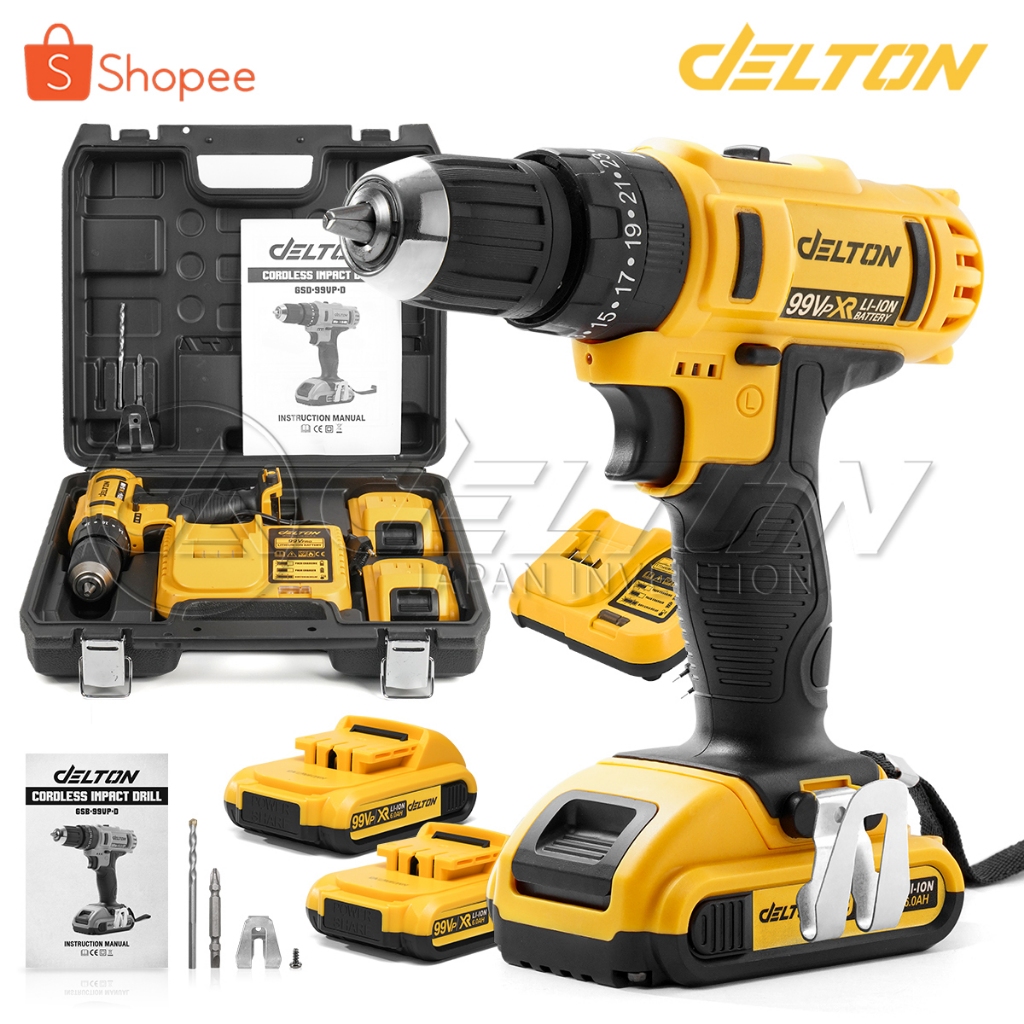 DELTON สว่านไร้สาย 3 ระบบ 99V ทรงพลัง สำหรับงานหนัก พร้อมแบตเตอรี่ 2 ก้อน ดอกสว่าน แท่นชาร์จขนาดใหญ่ รุ่น GSB-99VP-D