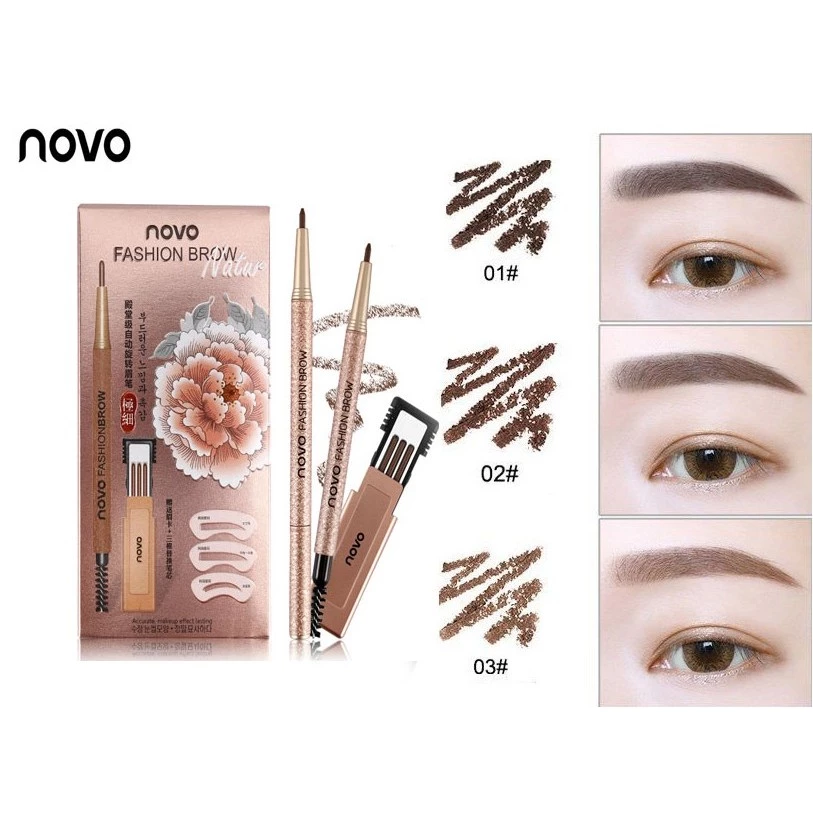 ชุดดินสอเขียนคิ้ว NOVO Eye brow nature ชุดเขียนคิ้ว + รีฟิลไส้ บล็อคคิ้ว กันน้ำ สีสวย -- 5146