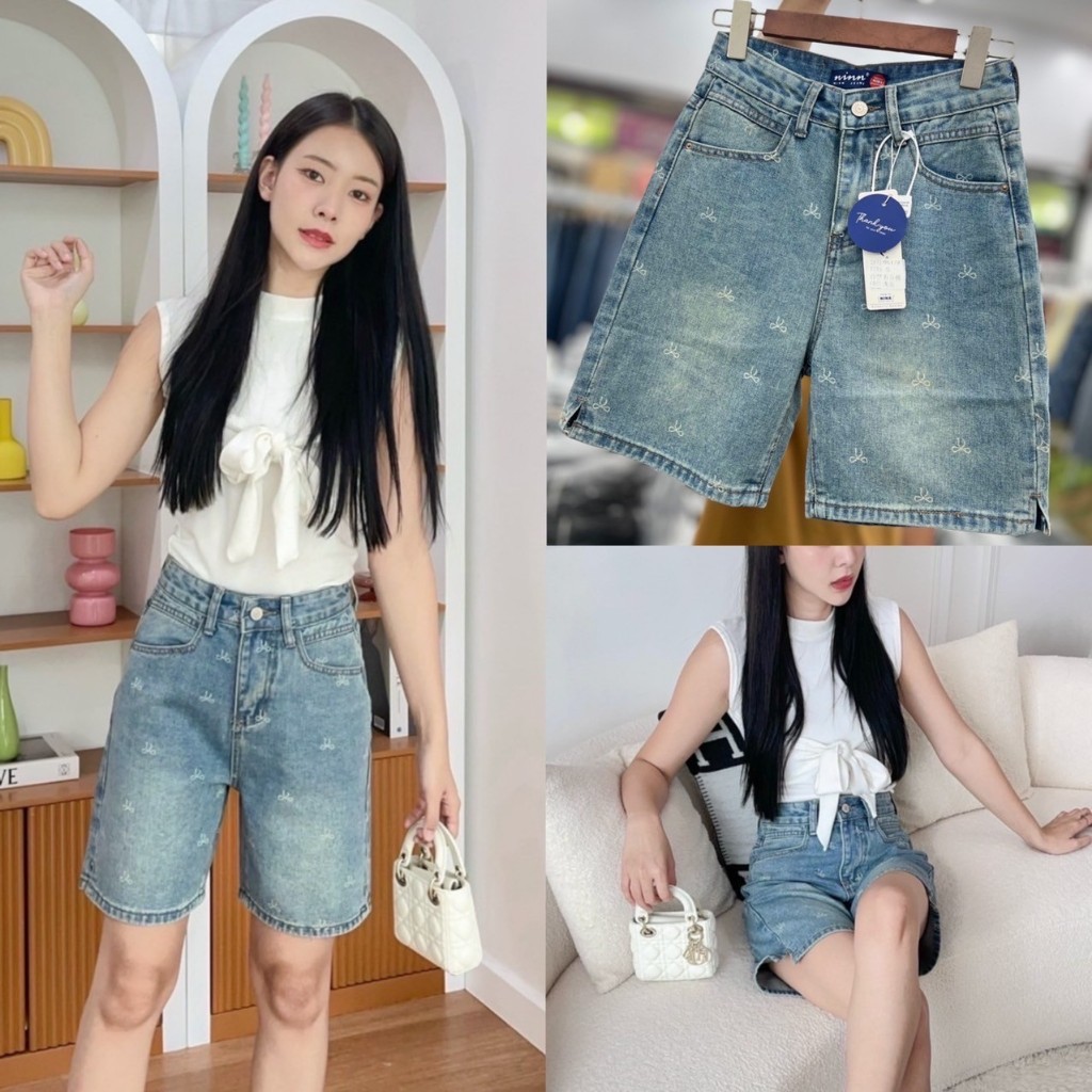 2NaraJeans กางเกงยีนส์ ขาสั้น ผ้าไม่ยืด ลายโบว์ สีฟอกสนิมๆนิดๆ เกาหลี เกาใจ ปลายขาผ่าเย็บเก็บ เอวสูง