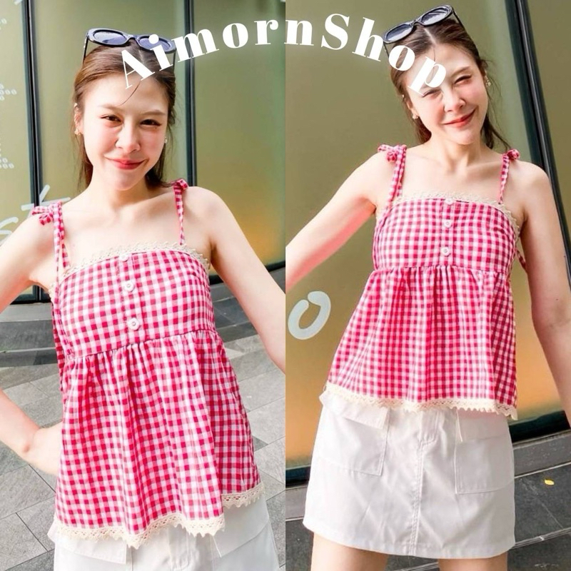 aimorn_shop เสื้อสายเดี่ยว ลายสก็อตสุดแบ๊วว แต่งลูกไม้ติดโบว์2ฝั่ง งานใส่น่ารักมาก