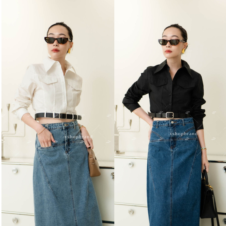 พร้อมส่ง Set ครอปเชิ้ตตีเกร็ดหน้า + กป.ยีนส์กระเป๋าหน้า + เข็มขัด งานป้าย vshopbrand