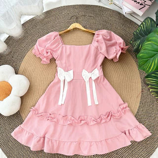Dress bow 2 (โบว์ คู่ ) ระบายชั้นแขนตุ๊กตา อก 32-42 “