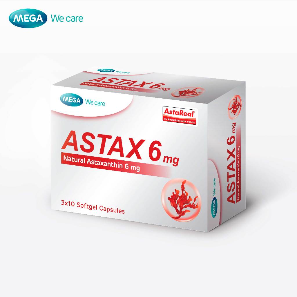 MEGA We care เมก้าวีแคร์ ASTAX 6 mg (3x10 softgel Capsules) แอสแทกซ์ ผลิตภัณฑ์เสริมอาหาร 30 เม็ด (AS630I)