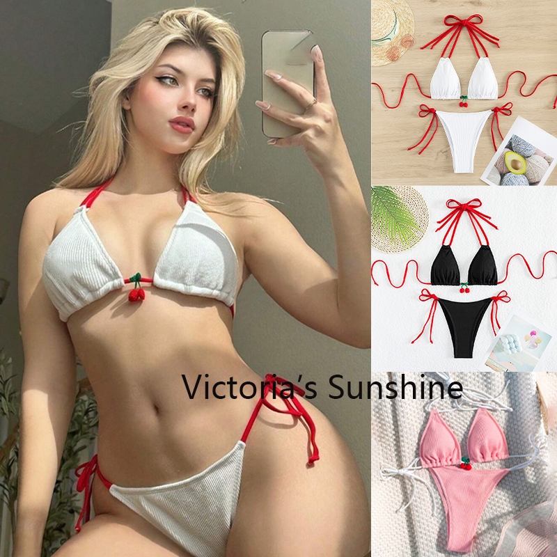 Victoria's Sunshine ชุดว่ายน้ำ ชุดบิกินี่ เซ็ต2ชิ้น บราพิมพ์ลายดอกไม้ เชอร์รี่ มีโครง ไลฟ์สดลด50%#0346