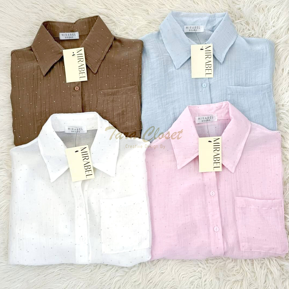 MR013 TARA Shirt Crop เสื้อเชิ้ต ครอป แขนสั้น กระดุมหน้า มีกระเป๋าหน้า เนื้อผ้าเปลือกไม้ติดเพชร ผ้าดี ไม่ต้องรีด ใส่สบาย - รูปที่ 7