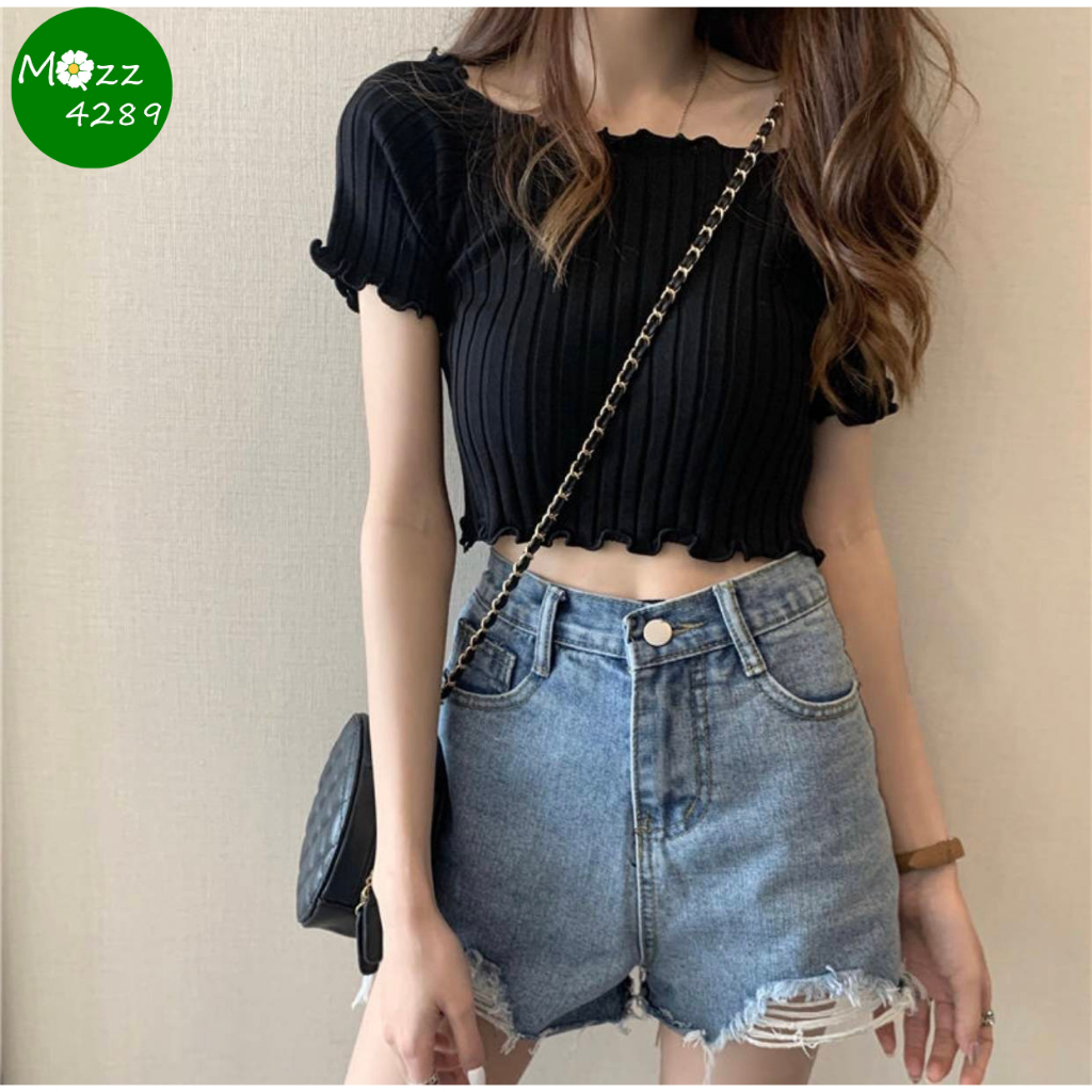 MQzz4289 พร้อมส่ง เสื้อไหมพรมแขนสั้น ปาดไหล่ได้ เอวลอยใส่สวย สีพื้น Freesize