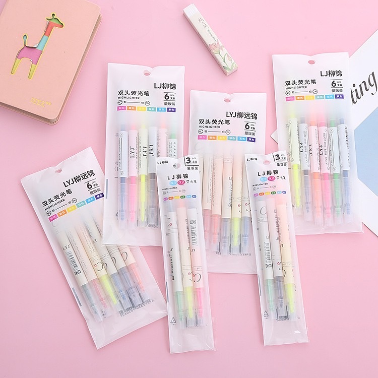 (แพ็ค6สี12สี)ปากกาไฮไลท์ 2หัว ปากกาเน้นข้อความ สีสดใส Highlighter Set