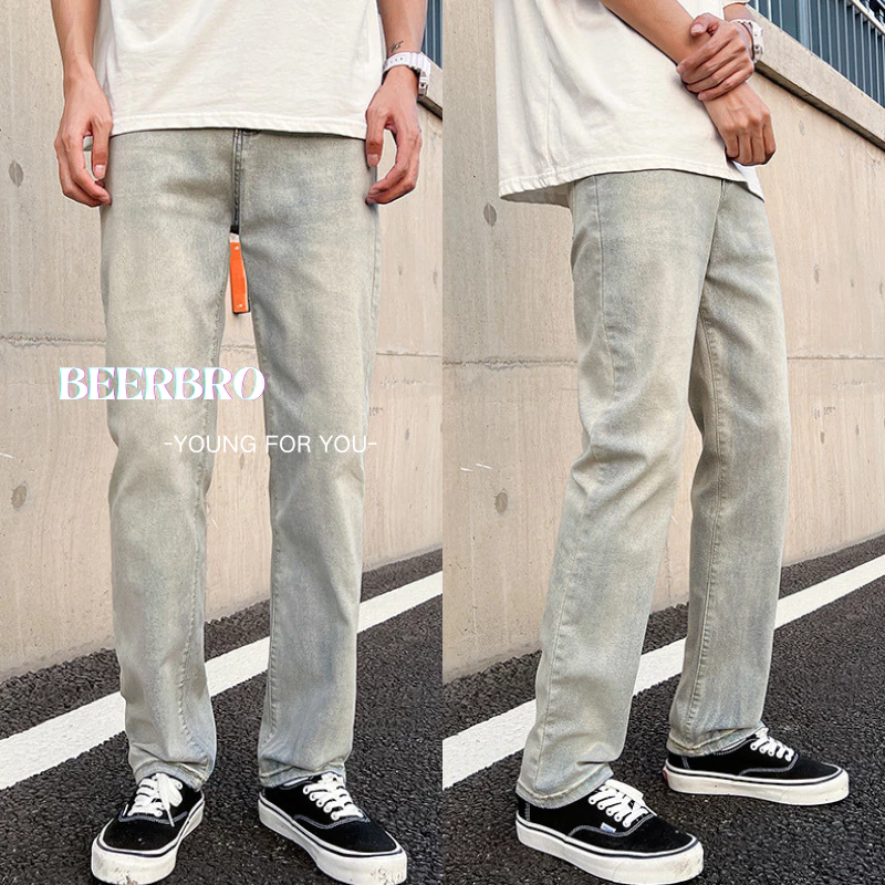beerbroth-กางเกงยีนส์ผู้ชาย ยีนส์ทรงกระบอกเล็ก Straight jeans สีอ่อน สไตล์เกาหลี ทรงวินเทจ