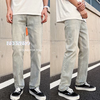 beerbroth-กางเกงยีนส์ผู้ชาย ยีนส์ทรงกระบอกเล็ก Straight jeans สีอ่อน สไตล์เกาหลี ทรงวินเทจ