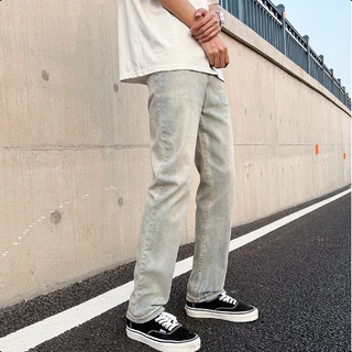 beerbroth-กางเกงยีนส์ผู้ชาย ยีนส์ทรงกระบอกเล็ก Straight jeans สีอ่อน สไตล์เกาหลี ทรงวินเทจ