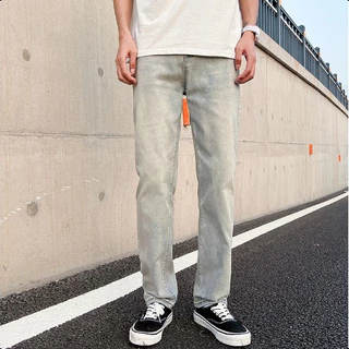 beerbroth-กางเกงยีนส์ผู้ชาย ยีนส์ทรงกระบอกเล็ก Straight jeans สีอ่อน สไตล์เกาหลี ทรงวินเทจ