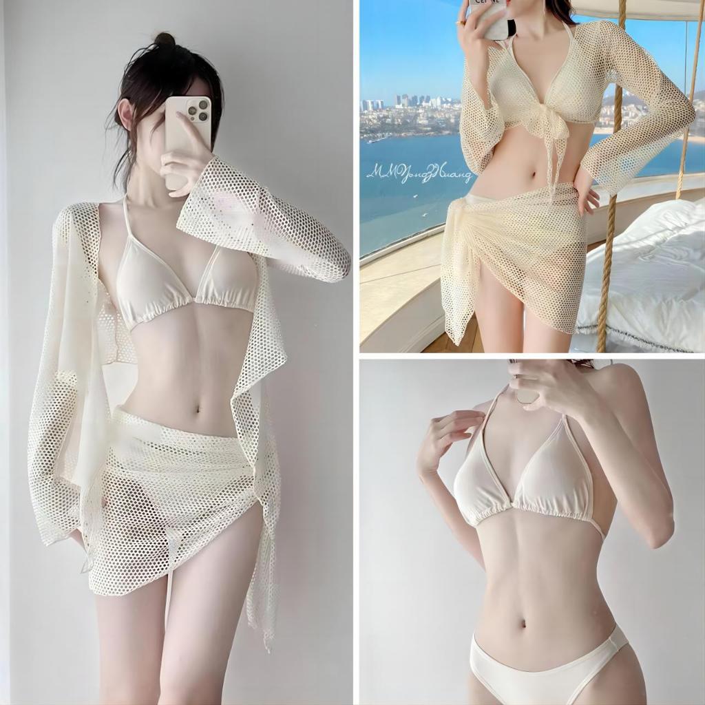 Swift Bra Sexy bikini ชุดว่ายน้ำสตรีสไตล์เกาหลี บิกินี่ 4 ชิ้นบิกินี่ชายหาด เสื้อแขนยาวกลวงเกาะอก ผ้าดี เหมาะสำหรับสาวๆ