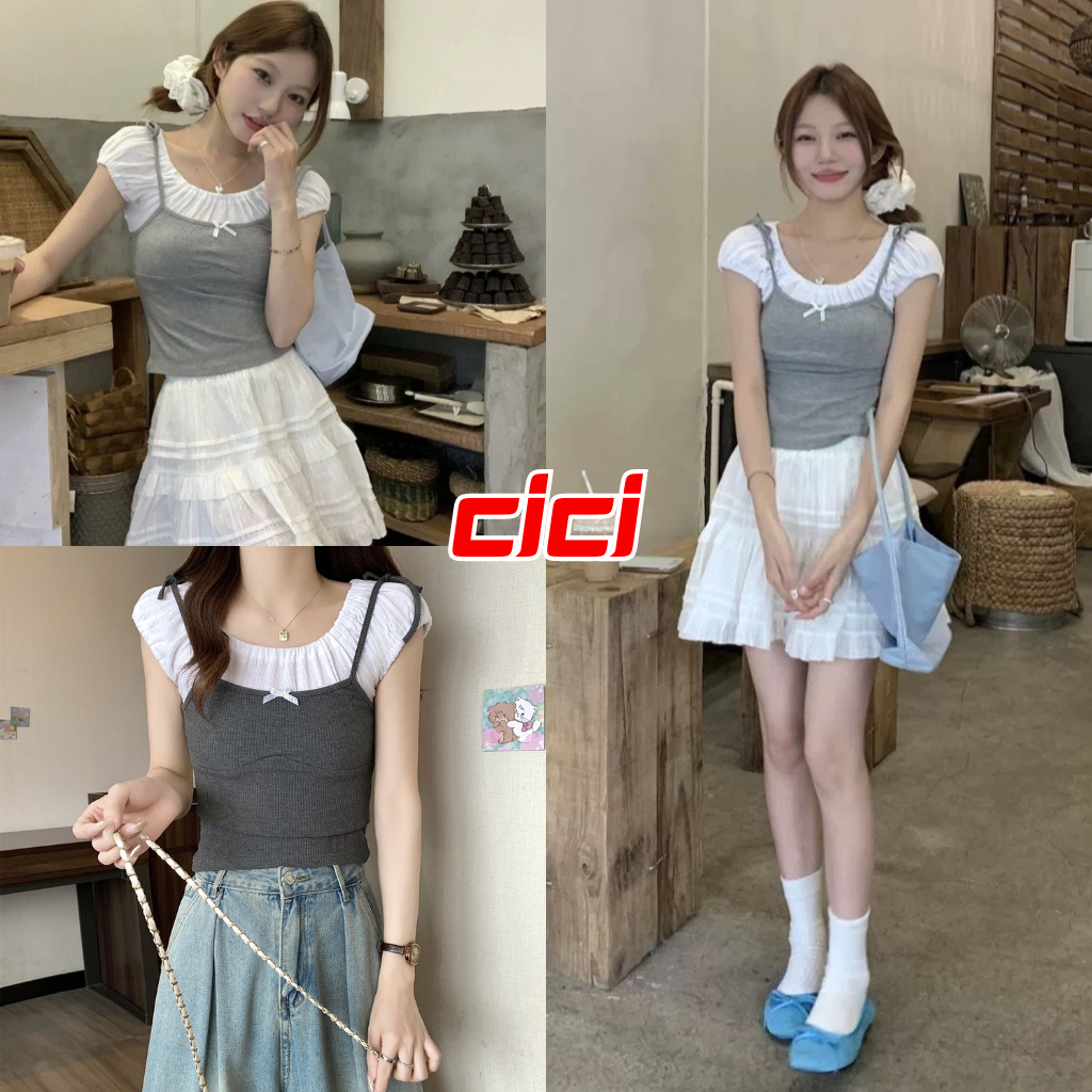 ส่งทันที Cici(NO. 1237) เสื้อครอปแขนสั้น ใส่ได้หลายแบบปาดไหล่หรือคลุมไหล่ พร้อมสายเดี่ยวแต่งโบว์ด้านหน้า