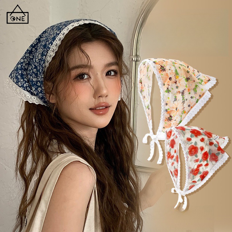 COD❤️ผ้าพันคอผ้าโพกศีรษะทรงสามเหลี่ยมลูกไม้ลายดอกไม้สไตล์ฝรั่งเศสแฟชั่นหวานผ้าโพกหัวสำหรับผู้หญิง-a.one