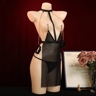 TOP SEXY ชุดนอนผู้หญิง ชุดนอนsexy ชุดนอนซีทรู 🌰 กระโปรงผ่าข้าง เกี่ยวสายคล้องคอเปิดอก T-1208