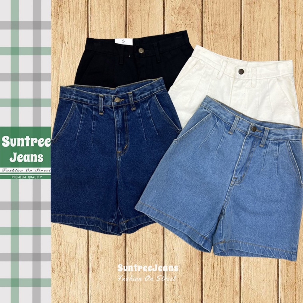 SuntreeJeans [S-6XL] กางเกงยีนส์สามส่วน เอวจีบ ทรงวินเทจ มีไซส์สาวอวบ