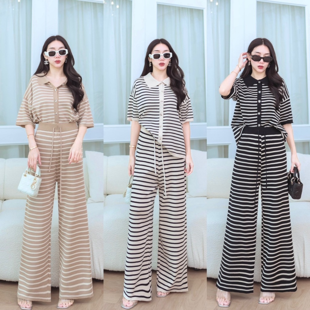 J1018 JiraClothing เซตเสื้อแขนสั้นคอปกลายริ้ว
