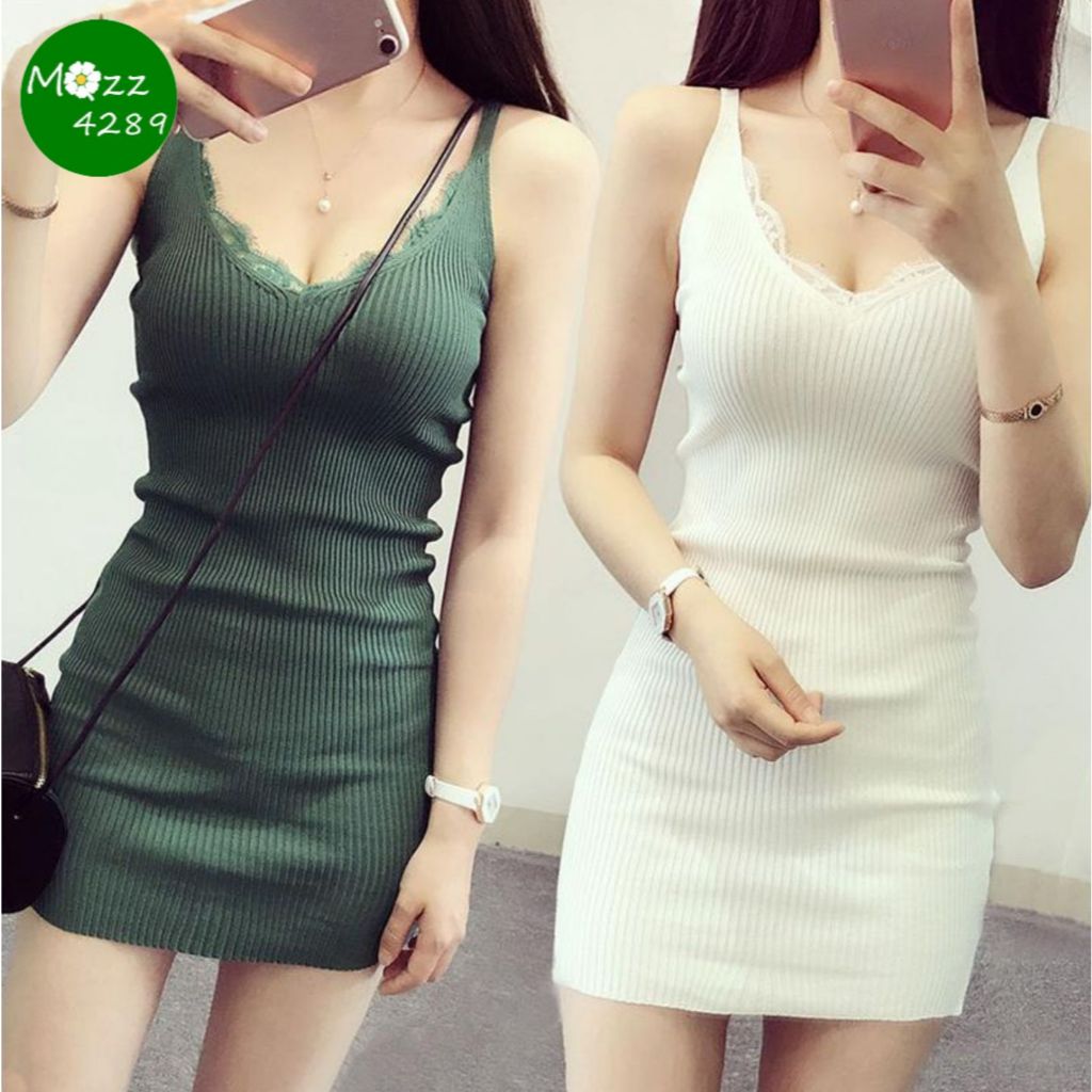 MQzz4289 พร้อมส่ง เดรสสายเดี่ยวไหมพรม เซ็กซี่ Free Size