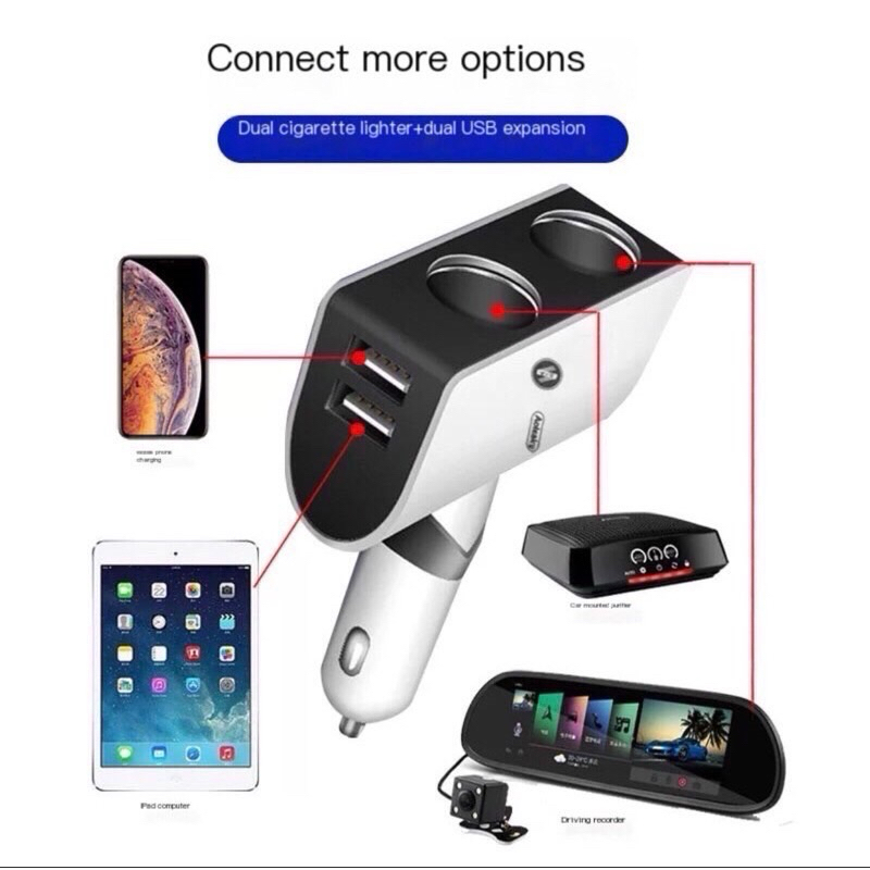 AL5003ตัวเพิ่มช่องจุดบุหรี่ 2 ช่อง และช่องเสียบที่ชาร์จแบตในรถยนต์ USB 3.1A 2 Port