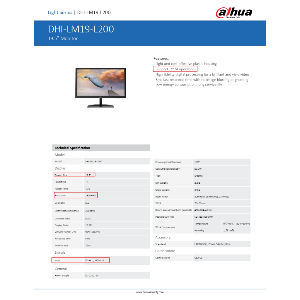 Dahua CCTV MONITOR (จอสำหรับกล้องวงจรปิด เปิดใช้งานได้ตลอด 7 วัน 24 ชม.) 19.5" รุ่น DHI-LM19-L200