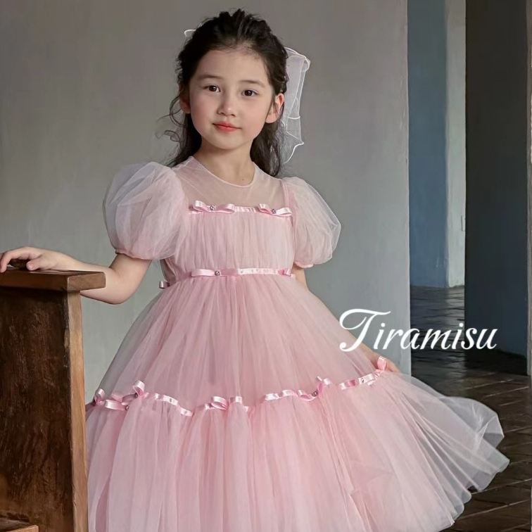 ชุดเจ้าหญิงเด็กผู้หญิง สีชมพู ฟูมาก แขนระบาย สไตล์มินิมอล ชุดออกงานเด็กผู้หญิง สำหรับวันเกิด ปาร์ตี้ งานเทศกาล