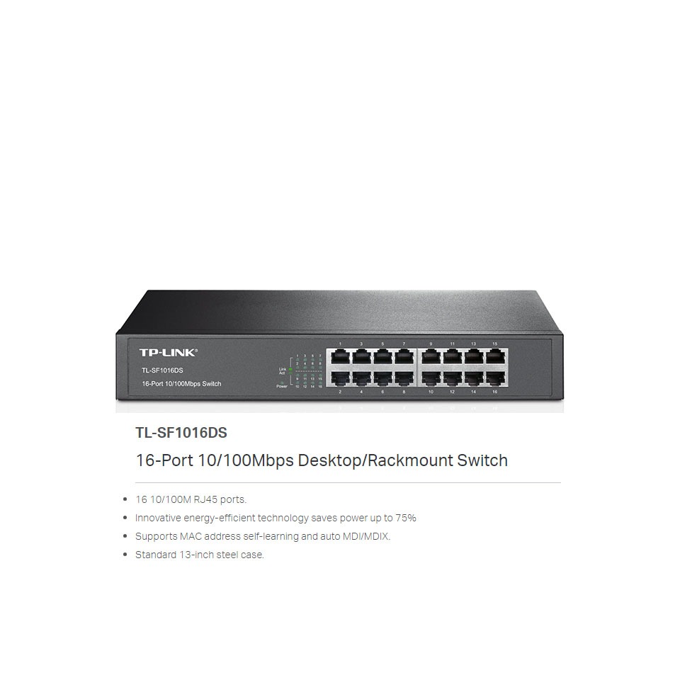 (ประกัน LT) TP-Link TL-SF1016DS 16-Port 10/100Mbps Desktop/Rackmount Unmanaged Switches สวิตช์ สวิตช