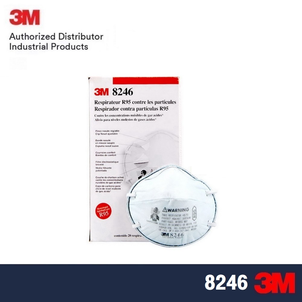 3M 8246 หน้ากากกรองหน้ากากกรองอนุภาคพร้อมชั้นกรองคาร์บอนป้องกันกรดแก๊สระดับเจือจาง, R95, 20ชิ้น