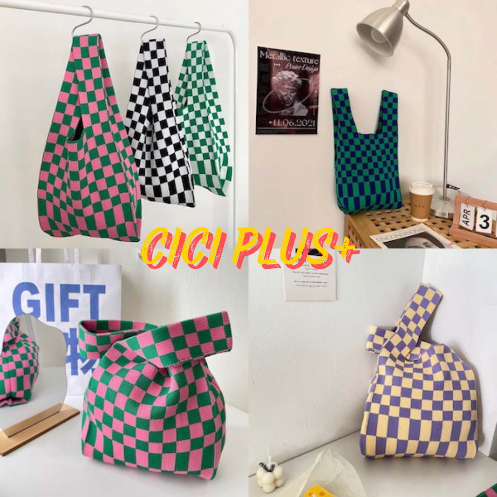CiCi Plus+(A823)กระเป๋าผ้าไหมพรม ทอลายตารางสไตล์ฮิปสเตอร์