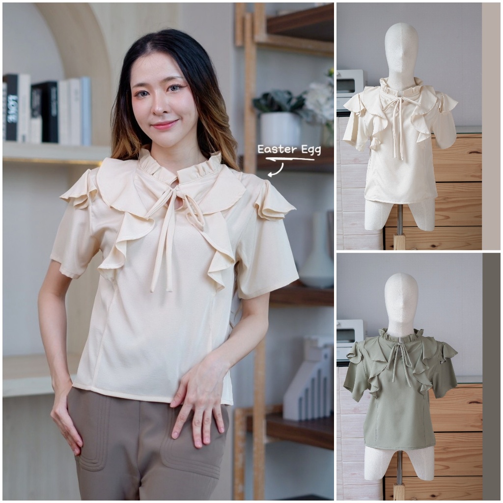 A27 เสื้อทำงานผู้หญิง แขนสั้นเเต่งระบายรอบคอและไหล่ มีผูกโบว์ด้านหน้า Women Easter Egg
