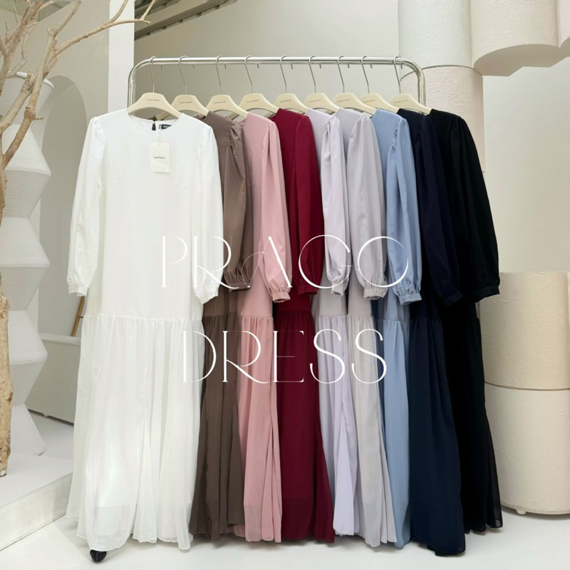 Heartmade - Prago Dress เดรสยาว ผ้าต่อชีฟองระบาย กระดุมคอหลัง แขนทรงบอลลูน พร้อมซับในตัว
