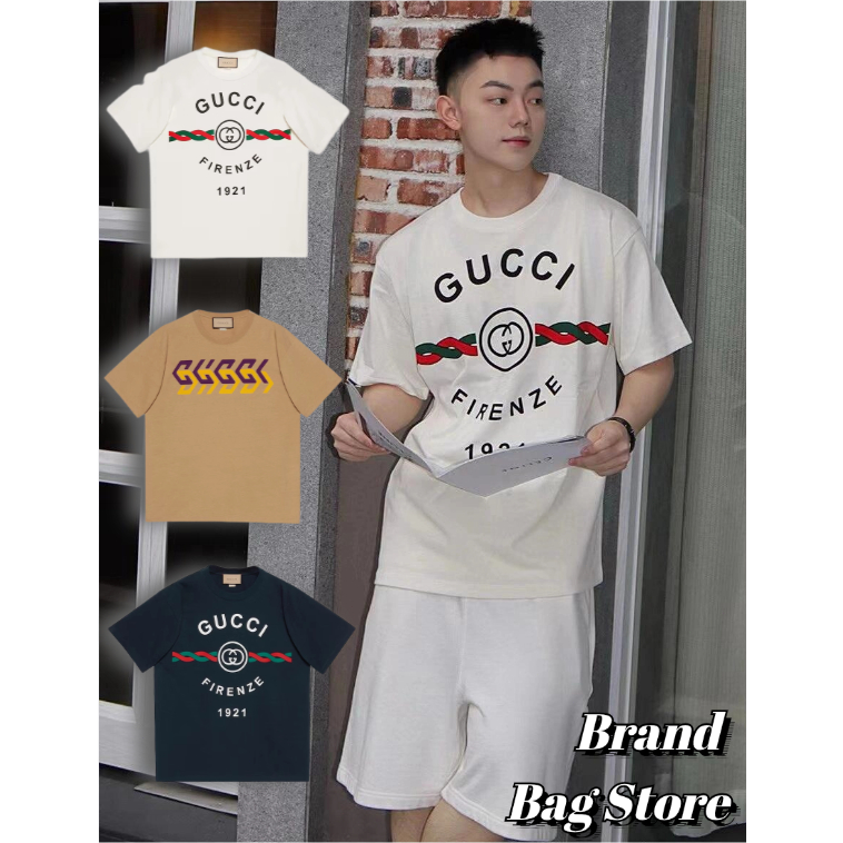 กุชชี่🍒GUCCI  Cotton jersey 'Gucci Firenze 1921' T-shirt 🍒เสื้อยืดแขนสั้นผู้ชาย