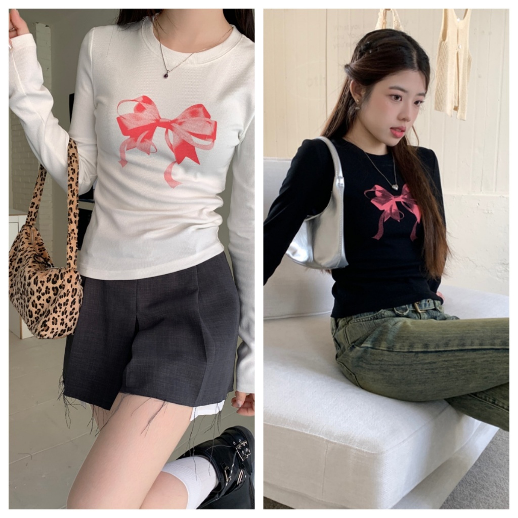 Beryl เสื้อยืดแขนยาวพิมพ์ลายโบว์สาวฮอต เสื้อตัวในเข้ารูปสำหรับฤดูใบไม้ร่วงและฤดูหนาว